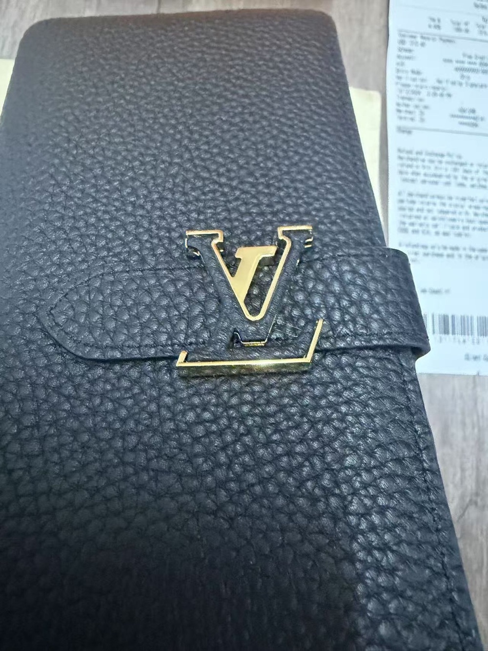 Louis Vuitton Black Pebbled Leather Long Wallet with Gold LV Emblem - Picture 6 of 16